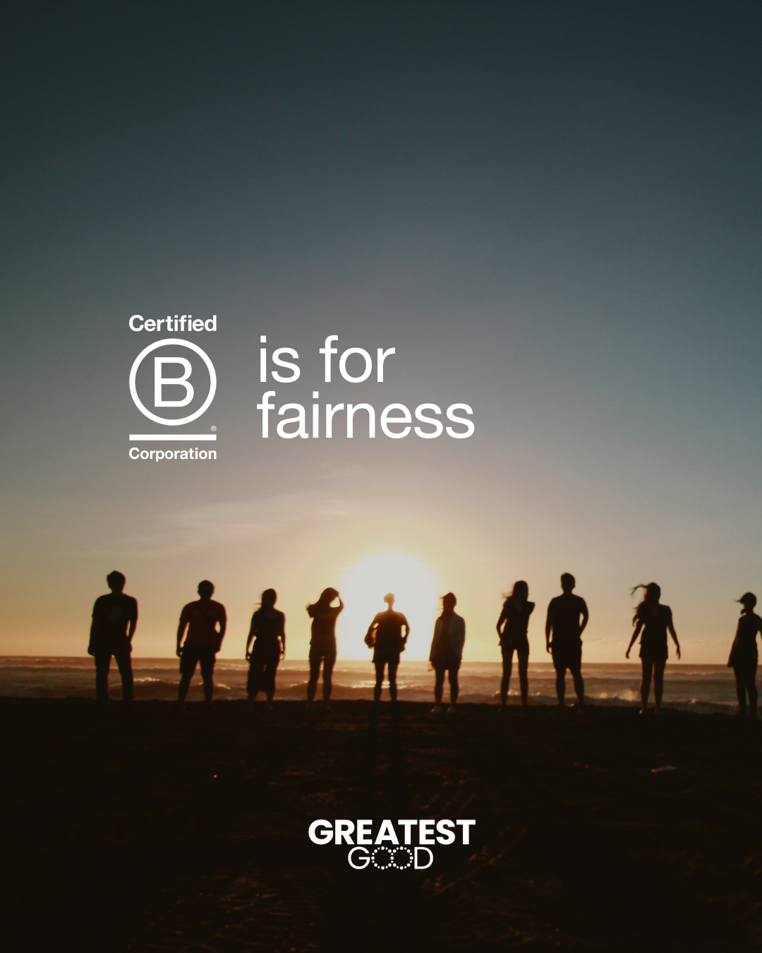 B is for fairness; image of silhouettes standing in front of sunset
