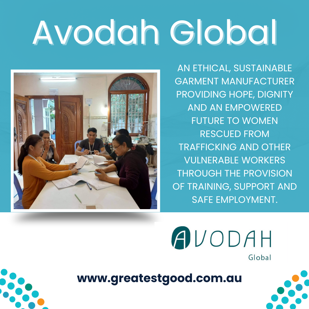 Image depicts greatest good member Avodah Global, with a picture of people sitting around a table and the words 