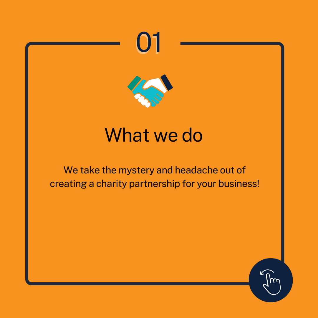 What we do Orange tyle with an icon of a handsake saying: What we do: WE take the mystery and headache out of creating a charity partnership for your business!