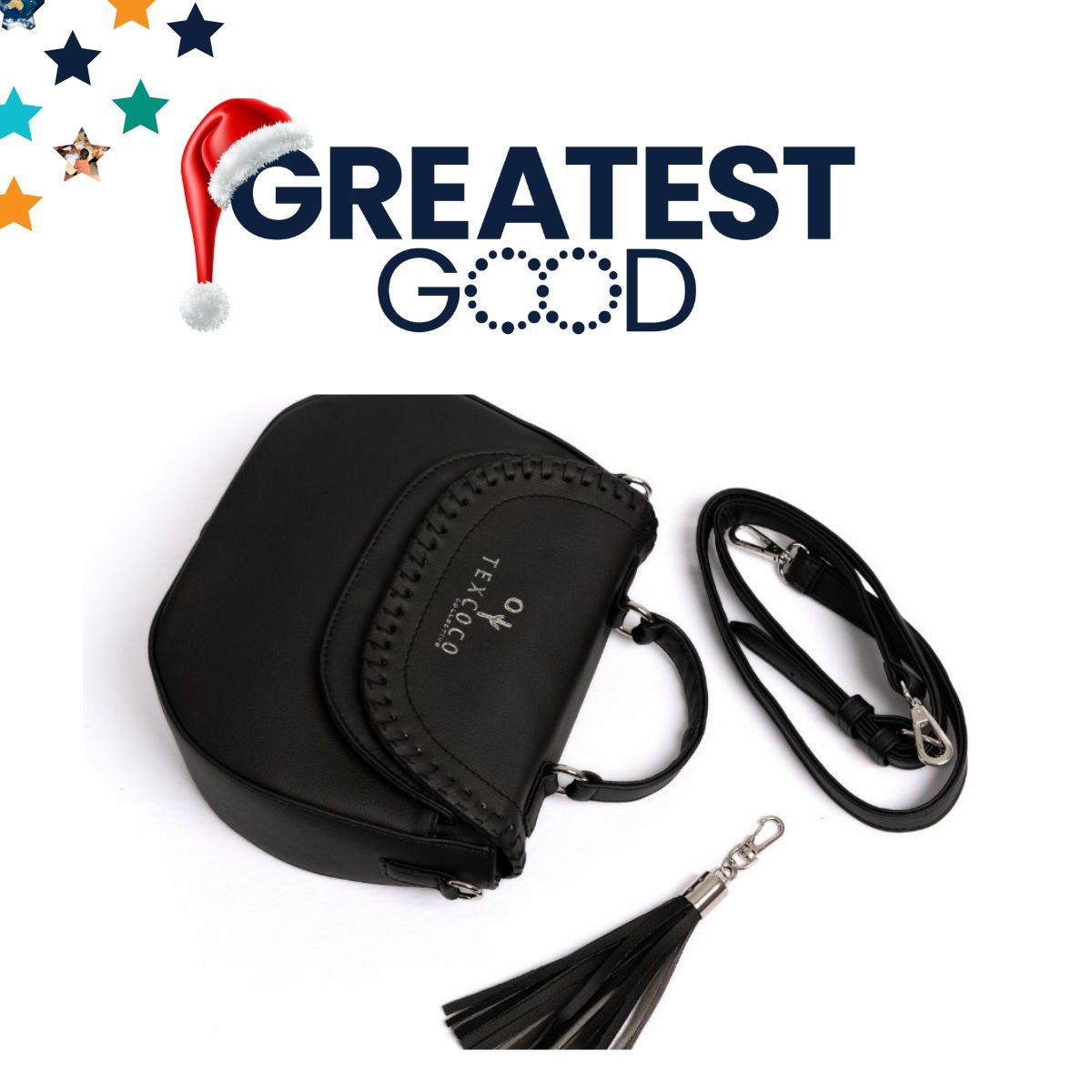 The Greatest Good logo with a Santa hat above a sleek black crossbody bag. The bag features a tassel and detachable strap, showcasing a stylish and practical gift option