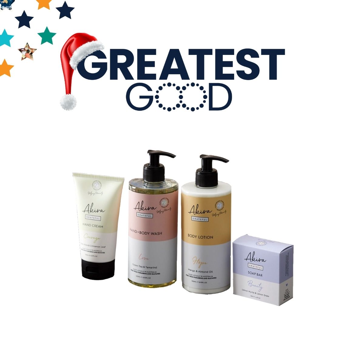 The Greatest Good logo with a Santa hat above a collection of Akira body care products, including hand cream, body wash, body lotion, and a soap bar, all in minimalistic packaging.