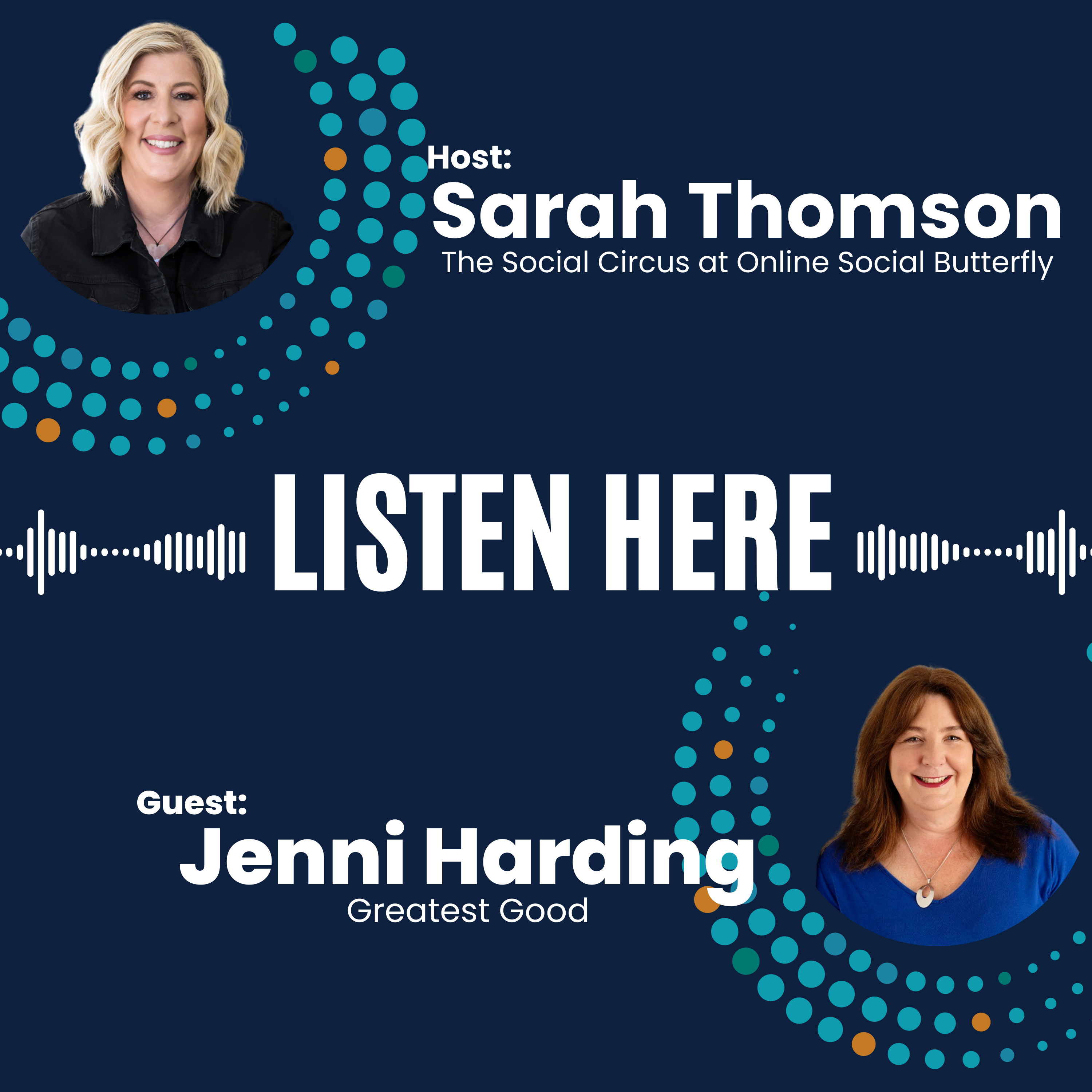 A promotional graphic featuring two headshots on a dark blue background with teal and orange dot patterns. At the top left is 